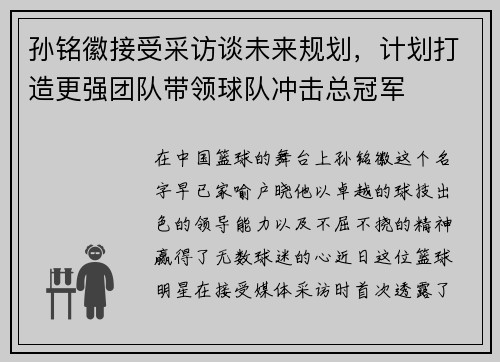 孙铭徽接受采访谈未来规划，计划打造更强团队带领球队冲击总冠军